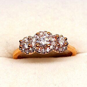 Moissanite trilogy halo ring in 14k YG over 925 Sterling Silver 3.20ct sz 7